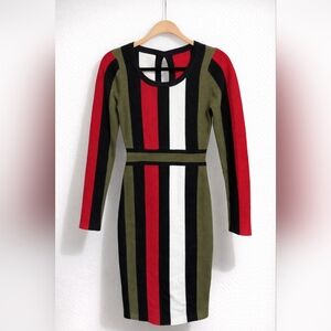 AKIRA Olive, Red, Black & White Striped Long-Sleeve Bodycon Dress